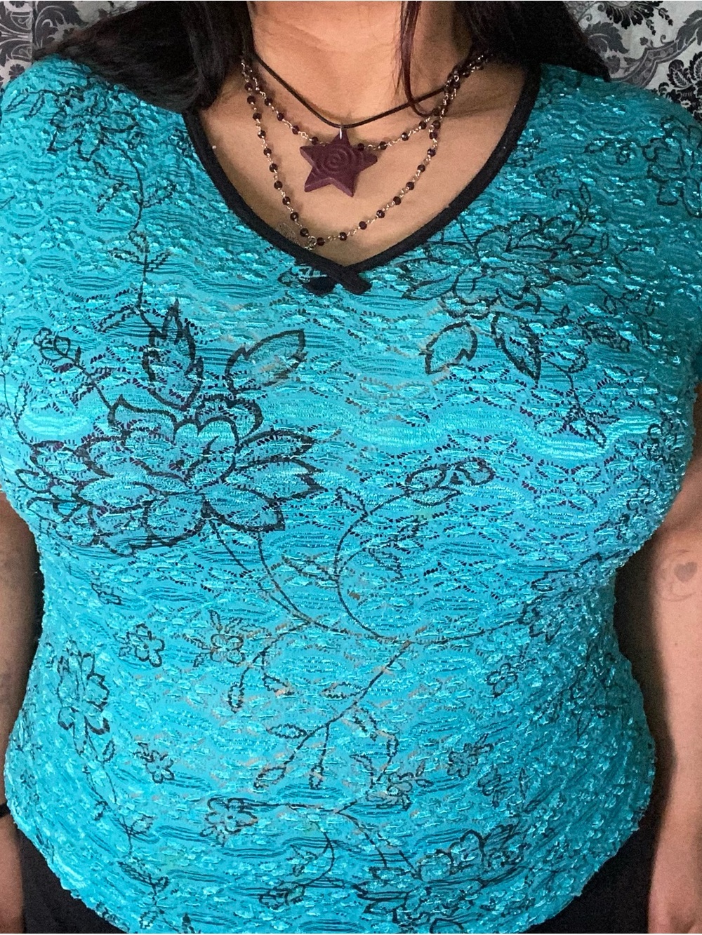 Worthington Teal Lace V-Neck Top
